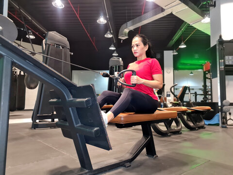 Beautiful and sexy Asian woman exercising indoors training her back muscles with a cable rowing motion.