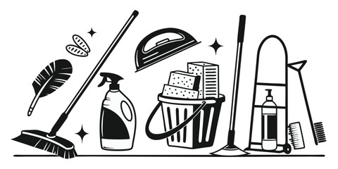 Cleaning Supplies Collection for a Sparkling Home in silhouettes