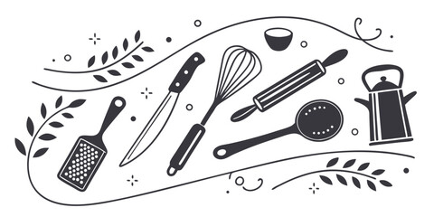 Charming Kitchen Utensils Set Against a Whimsical Background