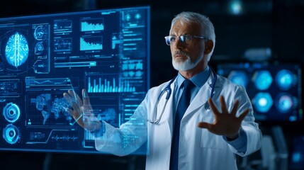 Experienced male scientist in white lab coat analyzing medical data on illuminated digital screen in high-tech research lab with brain image, graphs, and charts.