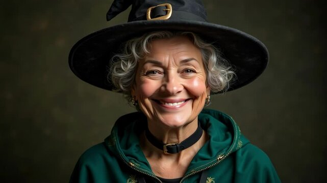 Capture a close-up 4k footage of a friendly 65-year-old woman joyfully dressed as a witch with curly hair wearing a charming hat.