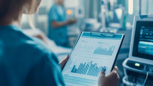 Softly-lit hospital room with medical professional in blue scrubs holding clipboard displaying vital signs charts, high-tech equipment with readouts, and another caregiver in background.