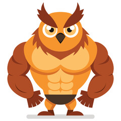 Powerful Muscular Owl Cartoon Character:  Strong, Orange, Fitness, Mascot, Illustration