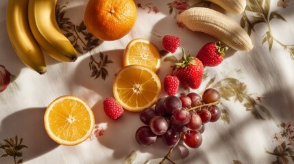 Vibrant Top-Down View of Sliced Citrus Fruits and Whole Bananas