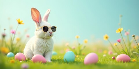 Fototapeta premium A charming white bunny rabbit, sporting stylish sunglasses, sits amidst a vibrant field of colorful wildflowers and pastel Easter eggs. A delightful springtime scene.