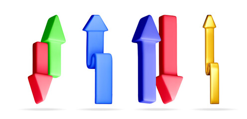 Set of 3d financial arrows showing stock market growth, decline, and stability. Business trend direction. Data analysis.