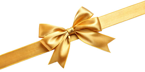 Fototapeta premium Shiny golden ribbon bow isolated on white background, perfect for gift packaging, luxury branding, festive occasions, elegant decor, and holiday graphic elements.