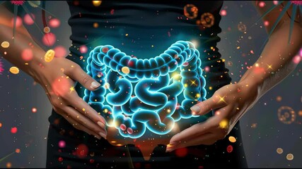 Visualizing Microbiome Balance: A transparent belly displays colorful microorganisms and gut flora in a dynamic, glowing digestive system to emphasize health and microbial diversity. - Powered by Adobe