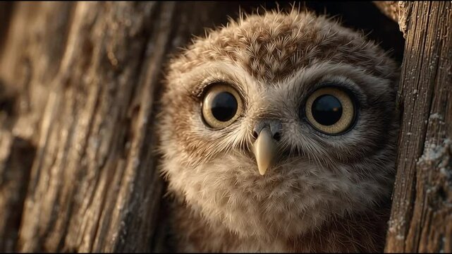 wide eyed baby owl peeking through wooden knothole with soft feathers and curious expression detailed wildlife close up in natural habitat with warm lighting and rustic tree texture