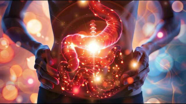 Intestinal Ecosystem Insight: Colorful microbial life shining beneath transparent belly to promote gut health and microbial balance awareness.