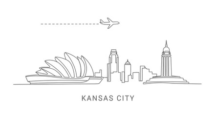 Obraz premium Kansas City Skyline with Line Art, and Airplane.