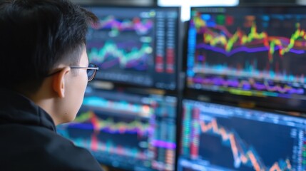 Person analyzing stock market data on multiple screens