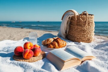 Summer beach picnic setup with fresh peaches, croissants, a glass of water, an open book, and a straw bag on a white blanket, enjoying the sun and sea