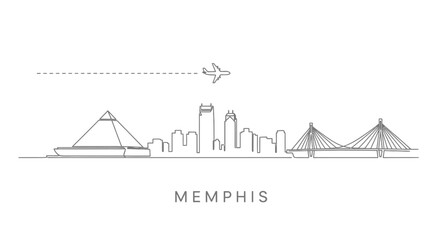 Obraz premium Memphis Skyline Line Art with Plane, Travel, and Minimal.