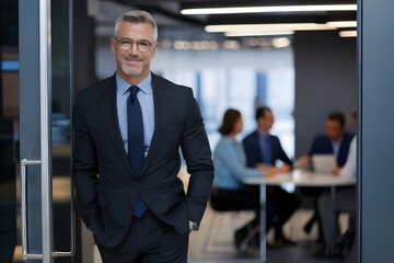Fototapeta premium Confident Middle-Aged Businessman Standing at Office Entrance – Leadership and Corporate Meeting Concept