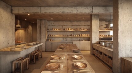 Minimalist kitchen and dining area with exposed concrete, wooden elements, and built-in shelving.  A long communal table is the centerpiece