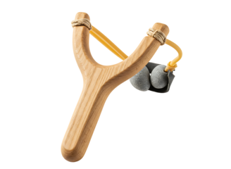 Wooden slingshot with two grey stones and elastic bands isolated on transparent background