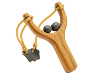 Wooden slingshot with two grey stones and elastic bands isolated on transparent background