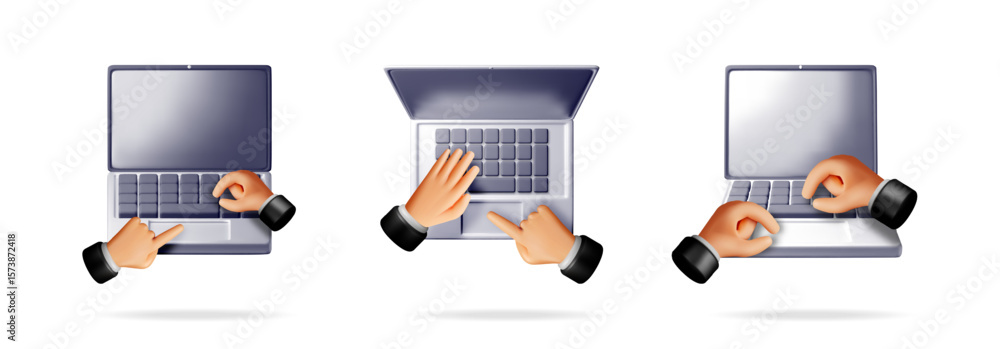 Poster vector 3d cartoon hands on laptop keyboard and touchpad. set of online work elements for communicati