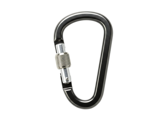 Shiny metal oval carabiner with screw gate closure isolated on transparent background