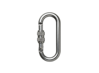 Shiny metal oval carabiner with screw gate closure isolated on transparent background