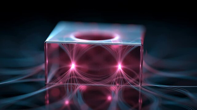 Ferroelectric cube glowing with electric field lines and pink nodes illustrating dynamic energy flow and scientific concepts