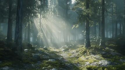 Spruce tree forest with sunbeams breaking through fog and moss-covered floor
