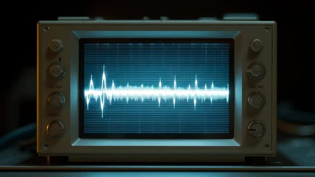 Vintage oscilloscope displaying ferroelectric waveform with bright blue light and detailed signal peaks electronic device dark