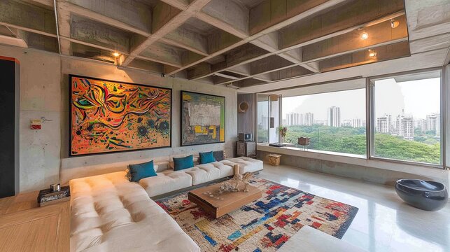 A modern living room with exposed concrete ceilings, large windows offering a city view, and vibrant artwork. A comfortable sectional sofa, coffee table, and colorful rug complete the space - Powered by Adobe