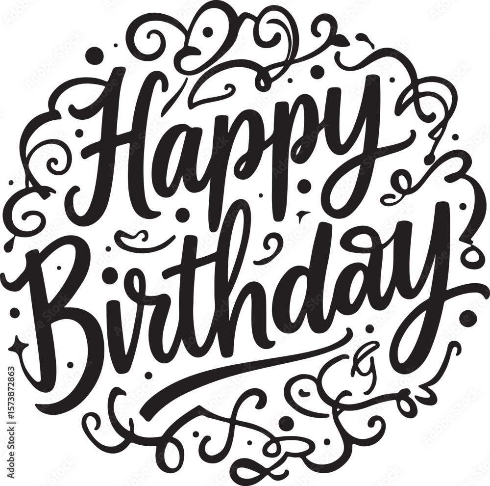Poster vector art of happy birthday text with ornate swirls and dots in a circle isolated on transparent ba