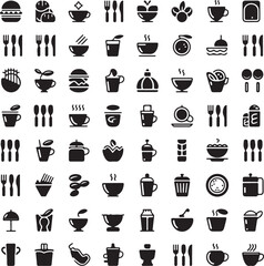 Collection of Food and Drink Icons Representing Culinary and Dining Themes Featuring Dishes, Utensils, and Beverages in a Black and White Style