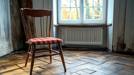 Rustic wooden chair with red and white checkered seat in vintage room.