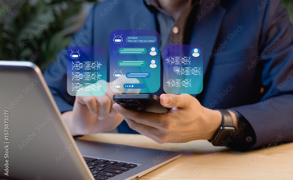 Poster businessman interacting with ai chatbots on laptop and smartphone. concept of automated conversation
