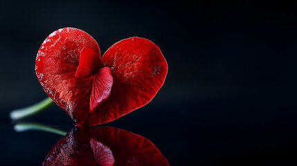 Heart-shaped red flower with soft velvet-like petals, resting on a black reflective surface.