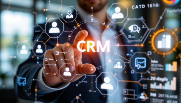customer relationship management crm concept businessman touch crm icons on virtual screen. customer data and marketing database system businessman touching customer icon client.