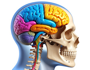 Cutaway Profile of Human Head with Artistic Colorful Brain Map, Isolated PNG