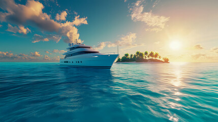 Luxurious white yacht sailing on crystal-clear turquoise waters, a tropical island in the background.