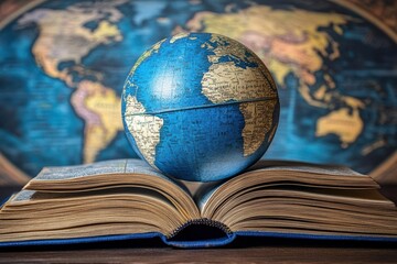 An open book with a small globe placed on top, with a blurred world map in the background, symbolizing knowledge and global learning.