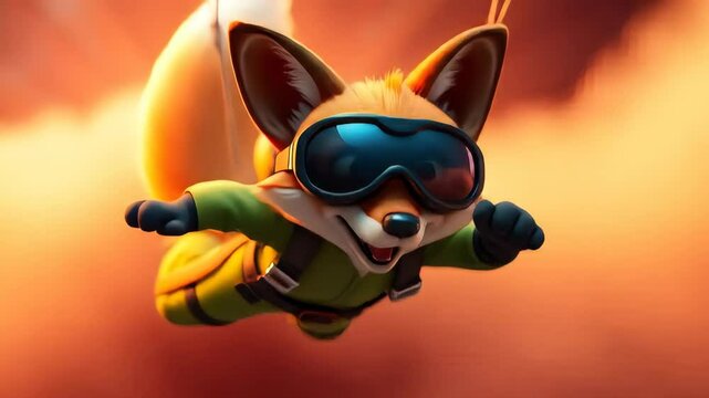 Cheerful Cartoon Fox Skydiving Through Sunset Clouds