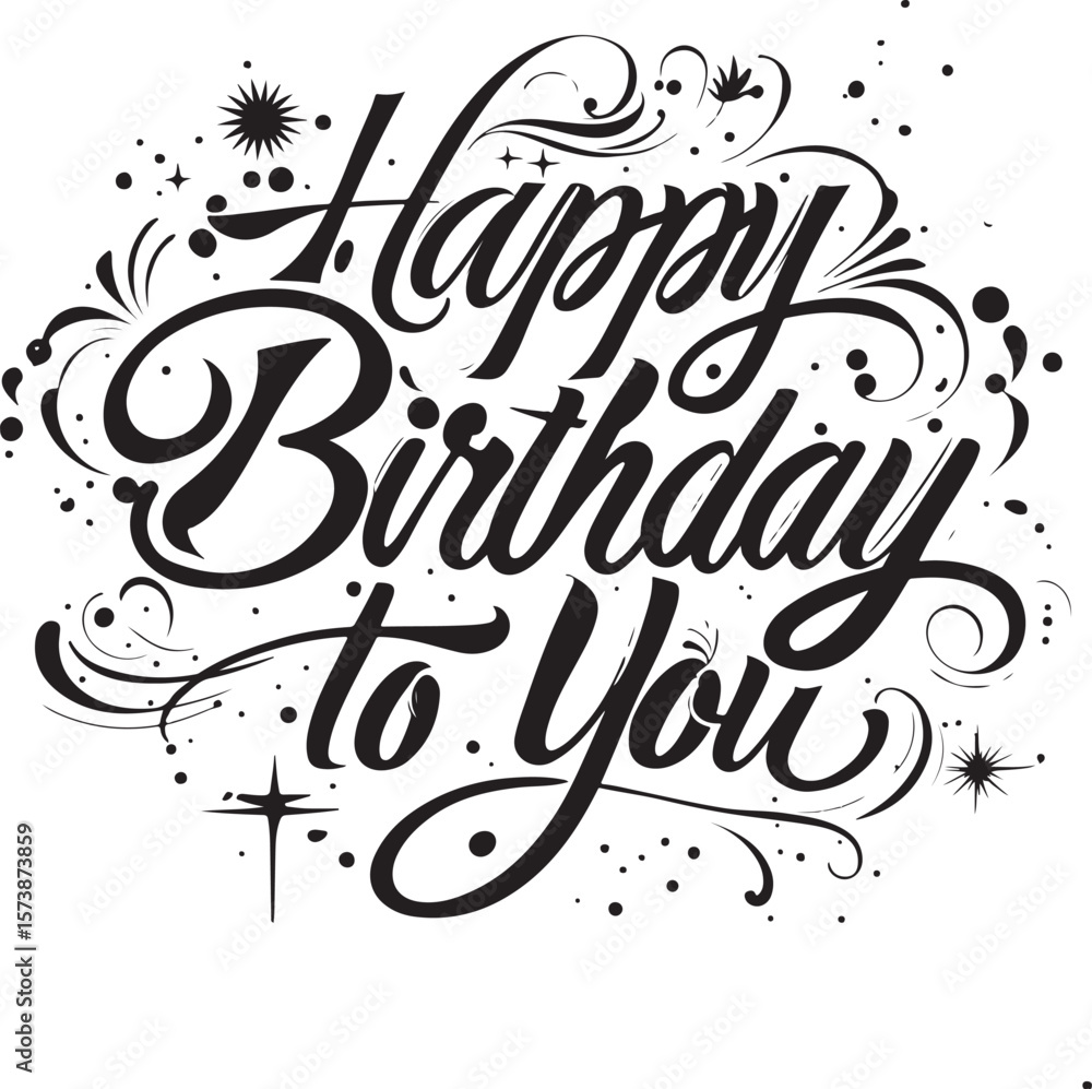 Poster vector art of happy birthday to you text with ornate swirls and sparkles isolated on transparent bac