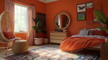 A vibrant bedroom with terracotta walls, a woven chair, and a large rug, showcasing a boho-chic aesthetic. Natural light streams through a window, illuminating the space