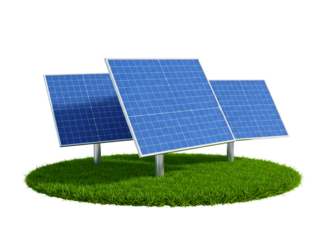 Two blue solar panels on green grass isolated on transparent background
