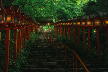 Traditional lanterns at Kifune Shrine in summer evening in Kyoto, Japan