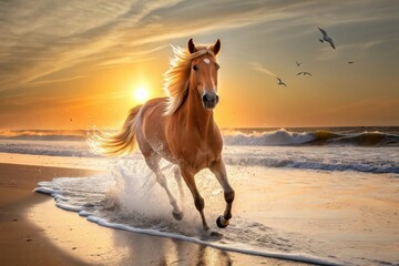 Horse running on a beach with splashes of water