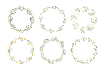Hand drawn botanical wreath frames set with herbs, olives, flowers, leaves. Vector borders in sketch style for wedding invitations, packaging, logos, cards, and seasonal decor.