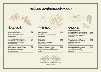 Hand drawn Italian restaurant menu template with pizza, pasta, salad illustrations. Editable sketch style vector design for cafe, bistro, restaurant.