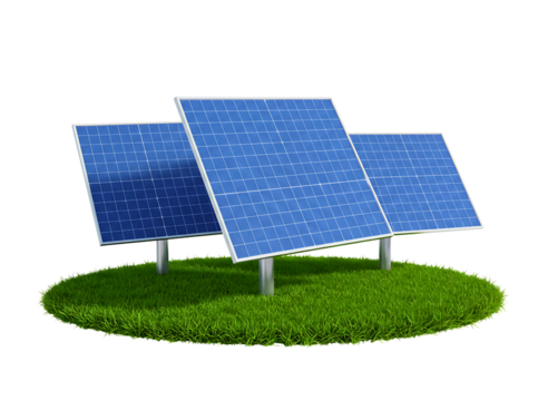 Two blue solar panels on green grass isolated on transparent background