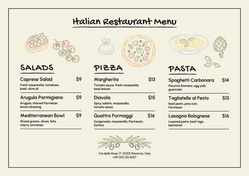 Hand drawn Italian restaurant menu template with pizza, pasta, salad illustrations. Editable sketch style vector design for cafe, bistro, restaurant.