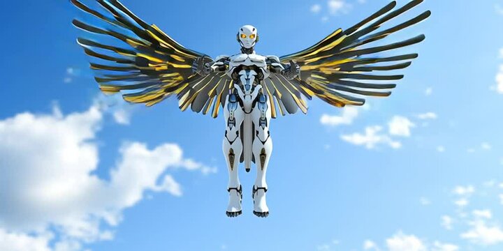 Robotic angel wings on blue sky