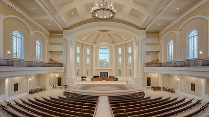 A grand, neoclassical sanctuary with tiered seating, a large central window, and ornate detailing.  The high ceilings and symmetrical design create a feeling of reverence and spaciousness